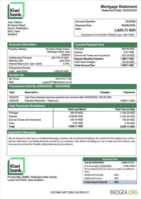 Modèle Word et PDF de relevé hypothécaire de la Kiwibank de Nouvelle , Zélande
